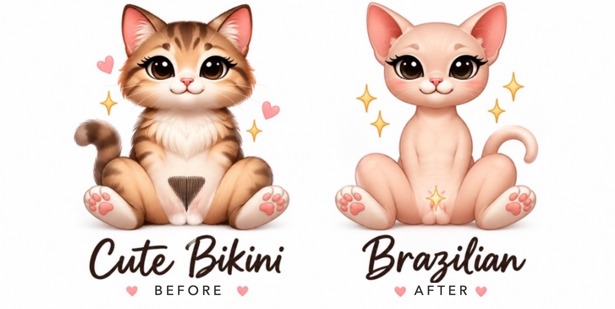 Playful illustration of two cartoon cats showing a bikini wax as